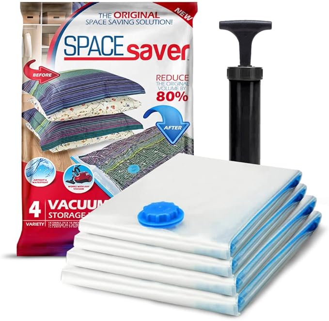 4 Pack Variety Vacuum Storage Bags for Comforters, Blankets & Clothes – Vacuum Sealed Compression Bags with Hand Pump – Space Saver Storage Bags for Bedding, Moving, Travel & Organization (2L & 2XL)