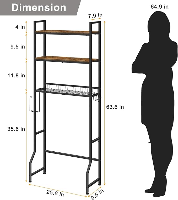 smusei Over The Toilet Storage Shelf, 3 Tier Bathroom Organizer Over The Toilet with Hooks and Toilet Paper Holder Freestanding Wooden Above Toilet Storage Cabinet Rack, Rustic Brown