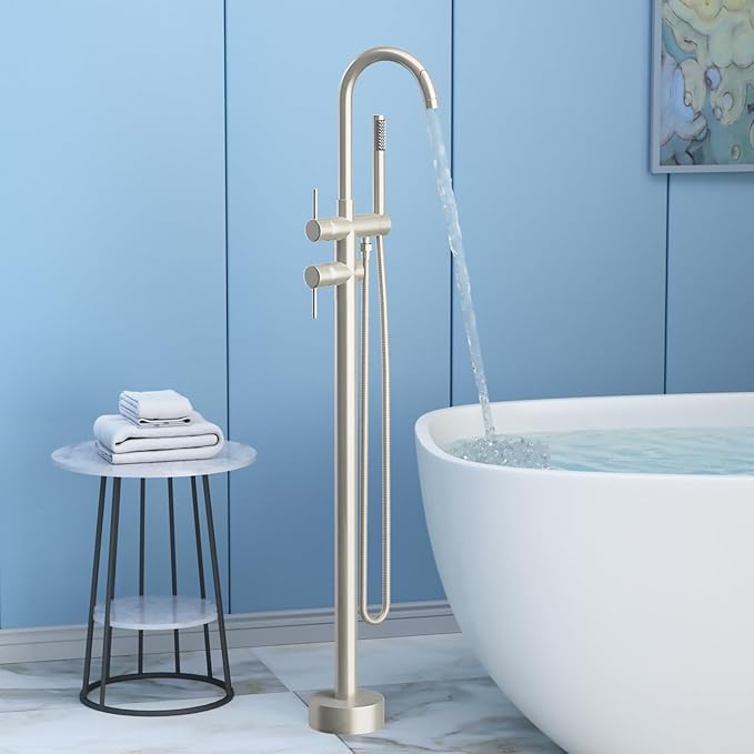 Freestanding Bathtub Faucet,Tub Filler Floor Mount Stand Bathtub Faucet Brass Bathroom Tub Faucets with 2 Function Hand Shower Wand Swivel Brushed Nickel