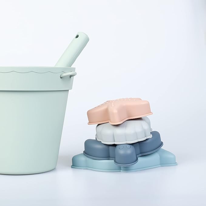 BLUE GINKGO Silicone Beach Toys - Modern Baby | Travel Friendly Set Bucket, Shovel, 4 Sand Molds, Bag for Toddlers, Kids Green