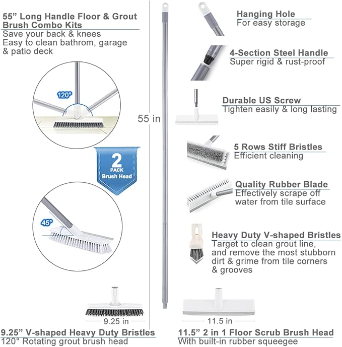 Floor Scrub Brush and Grout Brush Set with Long Handle, Heavy Duty Grout Cleaner Brush with Stiff Bristle for Tile, Corner, Carpet, Garage, Deck, Shower Floor (2 Pack Brush Head)