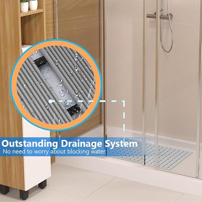 Bath Mat Non Slip Shower Mat Bathtub with Drain Holes and Heavy Duty Rubber No Suction Cups Sturdy Shower Stall Tub Mat for Bathroom, Shower Floor, Pool, SPA, (Grey, 2FT X 33FT)