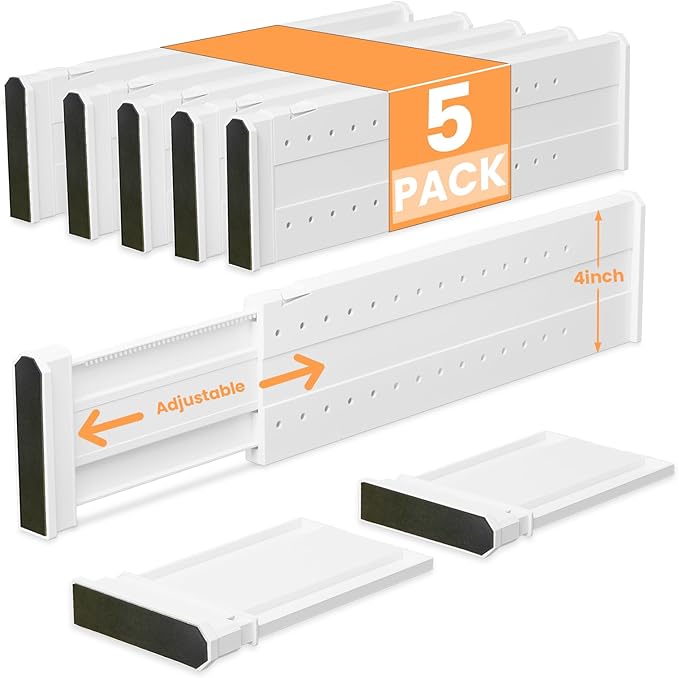 REBECAT 5 Pack Drawer Dividers for Clothes Adjustable Drawer Dividers 4" High Expandable from 15"-21" for Dresser Baby Clothes Bathroom,Bedroom Kitchen and Office Storage，White