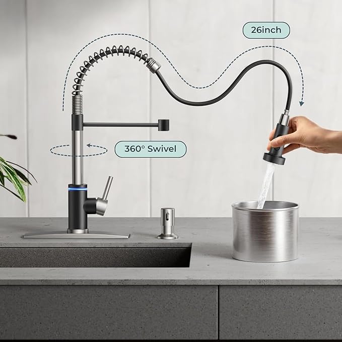 Smart Kitchen Faucet, 3 Modes Pull Down Sprayer, Touch On Sensor Activated, LED Temperature Control, 360-Degree Rotation,1 or 3 Hole Deck Plate. 10-Year Warranty. (KW-66NR, Brushed Nickel/Black)