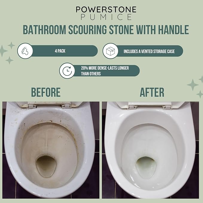 Powerstone Pumice Stone Toilet Bowl Cleaner with Handle (4-pack) - A Solution for Hard Water Stains on Toilets, Grills, Tiles, Grout & Pools
