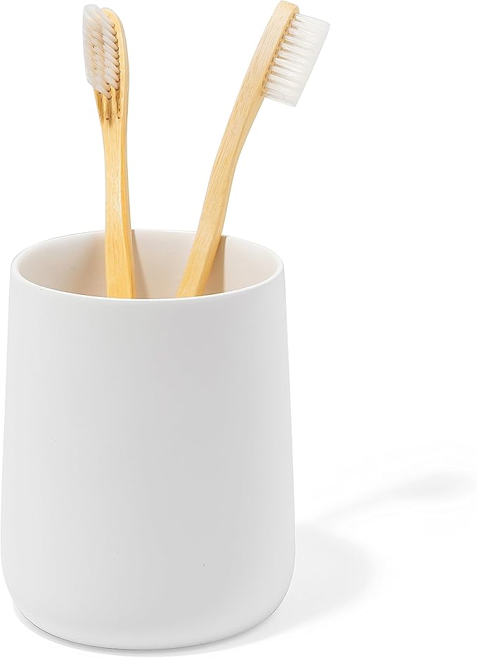 Matte White Toothbrush and Toothpaste Holder and Cup for Bathroom Vanity and Countertop, Round Organizer for Electric Toothbrushes, Floss, Razors, Cotton, and Mouthwash