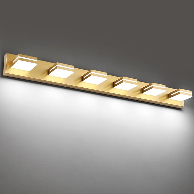SineRise LED Modern Bathroom Vanity Light Fixtures (6-Light, 48-Inch), Matte Gold Modern Acrylic Bathroom Wall Lighting Fixtures Over Mirror (Cool White 6000K)