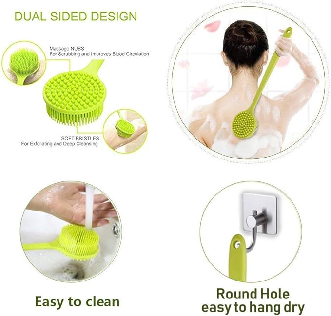 Silicone Body Scrubber - Long Handle Back Scrubber, Silicone Body Brush Shower Exfoliator