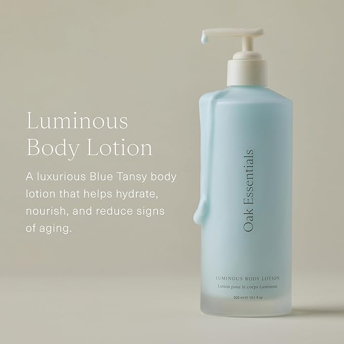 Oak Essentials Luminous Body Lotion | Hydrating Blue Tansy Body Cream with Rose Oil, Turmeric, Shea Butter and Coconut Oil, 1.33 Fl Oz (Travel Size)
