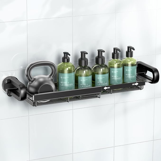 JOTPE Shower Caddy Suction Cup, Expandable Suction Shower Shelf with Large Capacity, Heavy Duty Shower Organizer Powerful Max Hold 22lbs, Removable Waterproof Metal Basket for Bathroom Kitchen Storage