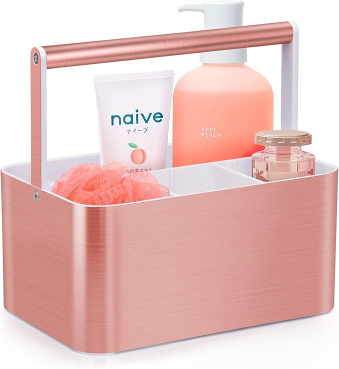 Portable Shower Caddy Tote: Divided Large Plastic Bath Basket Bin with Handles for College Dorm, Shower Storage Organizer for Bathroom Vanity Holds Shampoo,Conditioner Pink