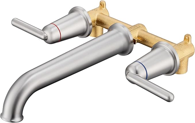 Wall Mount Tub Filler Long Spout Reach Tub Faucet with Rough-in Valve High Flow Tub Faucets 2-Handle Wall Mounted Bathtub Faucet Brass Roman Bath Tub Faucet Set Brushed Nickel (WT-9806BN)