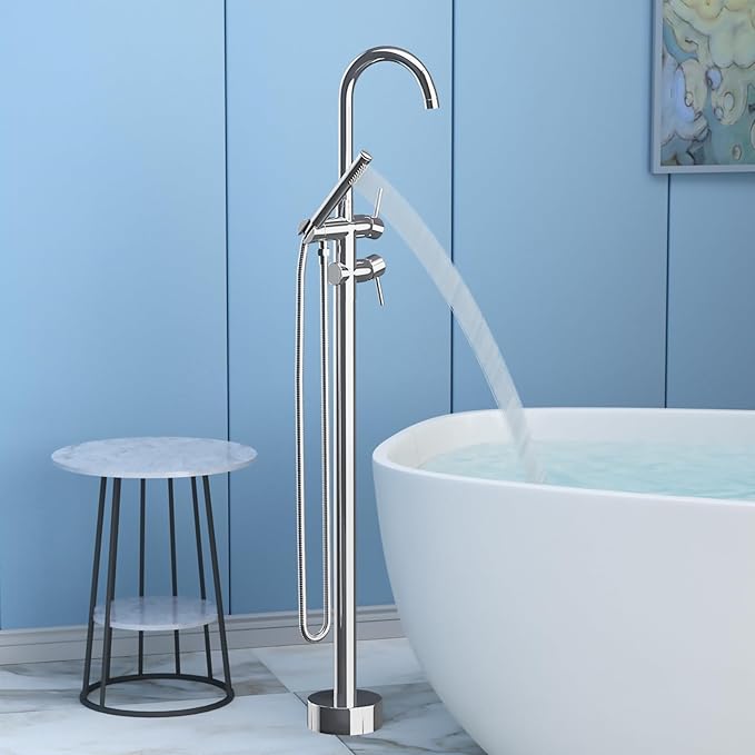 Freestanding Bathtub Faucet,Tub Filler Floor Mount Stand Bathtub Faucet Brass Bathroom Tub Faucets with 2 Function Hand Shower Wand Swivel Polished Chrome
