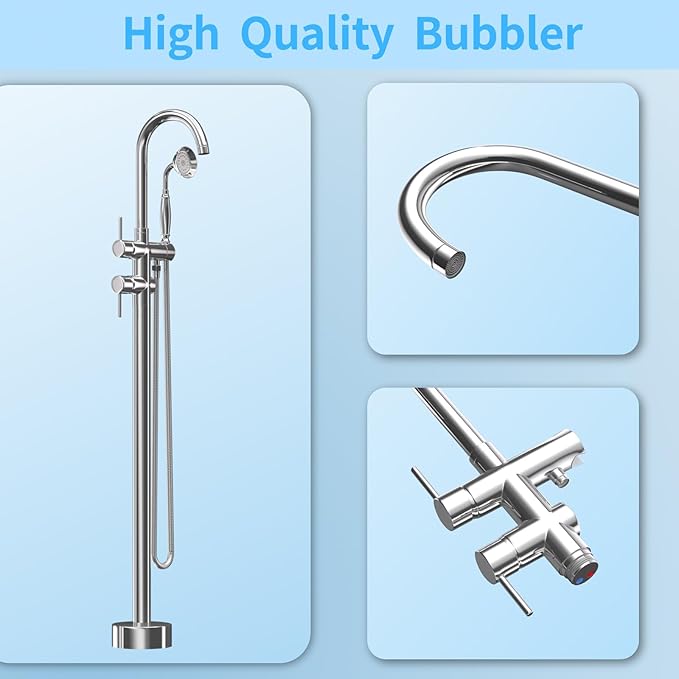 Freestanding Bathtub Faucet,Tub Filler Floor Mount Stand Bathtub Faucet Brass Bathroom Tub Faucets with 2 Function Telephone-Shape Handheld Shower Wand Swivel Polished Chrome