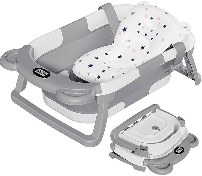 TPN Collapsible Baby Bathtub, Baby Bath Tub with Soft Cushion & Real-Time Thermometer, Baby Bathtub Infant to Toddler Tub (0-36 Months), Portable Newborn Travel Bath tub