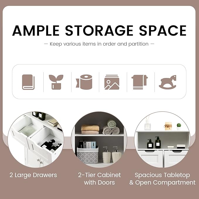 COSTWAY Bathroom Storage Cabinet, Freestanding Storage Organizer with 2 Drawers & Adjustable Shelf, Wooden Floor Cabinet for Living Room, Bedroom, Kitchen, Entryway (White)