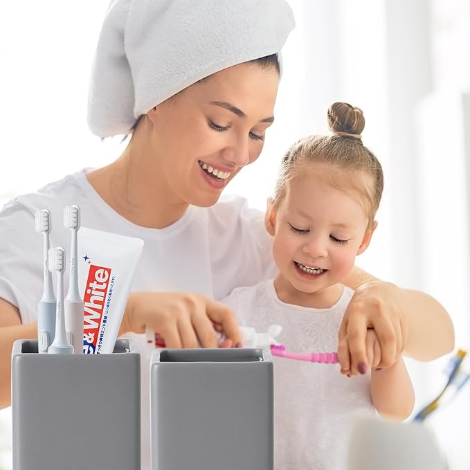 Grey Square Toothbrush Holders for Bathrooms - 2 Cups Ceramic Toothbrush Toothpaste Holders Set, White Square Bathroom Tumbler Cups Reusable Toothbrush Mouthwash Cup, Bathroom Counter Organizer.
