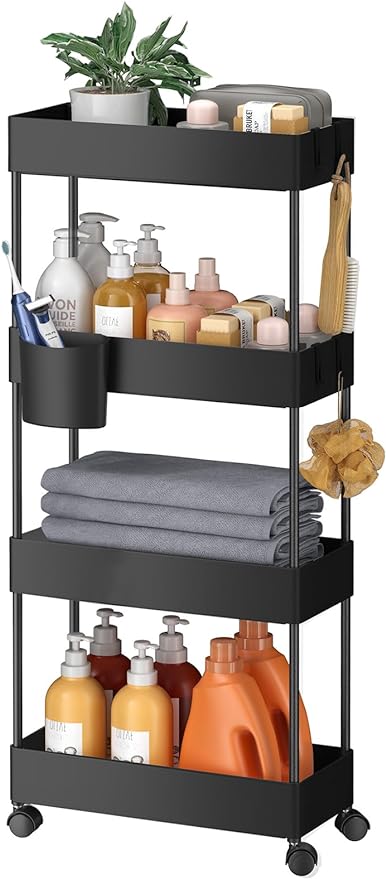 Pipishell Slim Storage Cart with Wheels, Bathroom Cart Organizer Bathroom Storage Small, Rolling Cart for Bathroom, Laundry Room, Kitchen, Narrow Space, Black PIUC05