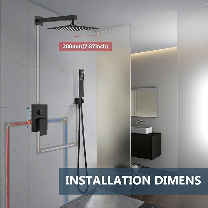Aolemi Shower Faucet Set Rain Shower System with Handheld Spray Bathroom Shower Combo Rough-in Valve and Shower Trim Kit Included Matte Black 8 Inch Wall Mount Shower Head