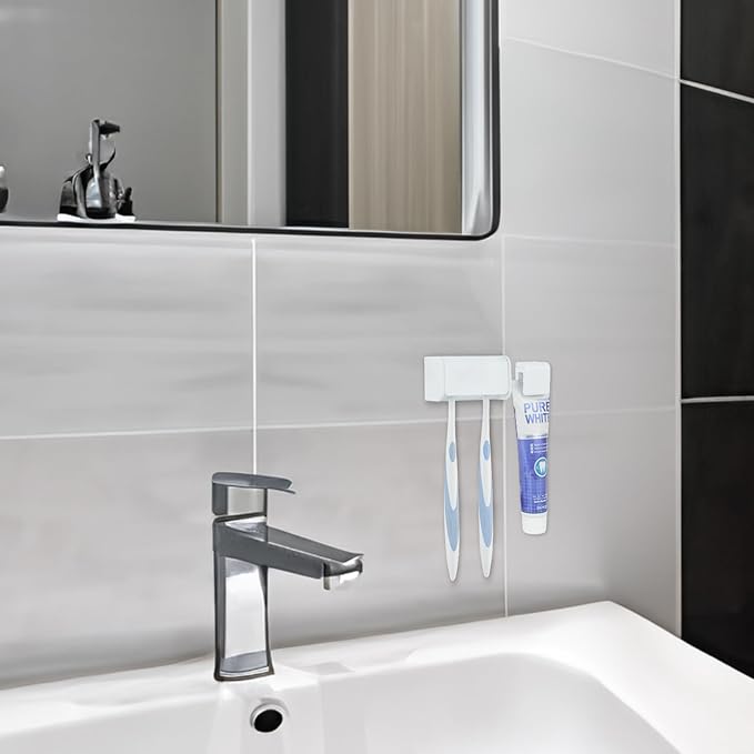 Toothbrush Holder Wall Mounted with Cover for Bathroom, 2 Slots Toothbrush Storage Organizer for Shower, Self Adhesive Toothbrush Hanger with Toothpaste Clip