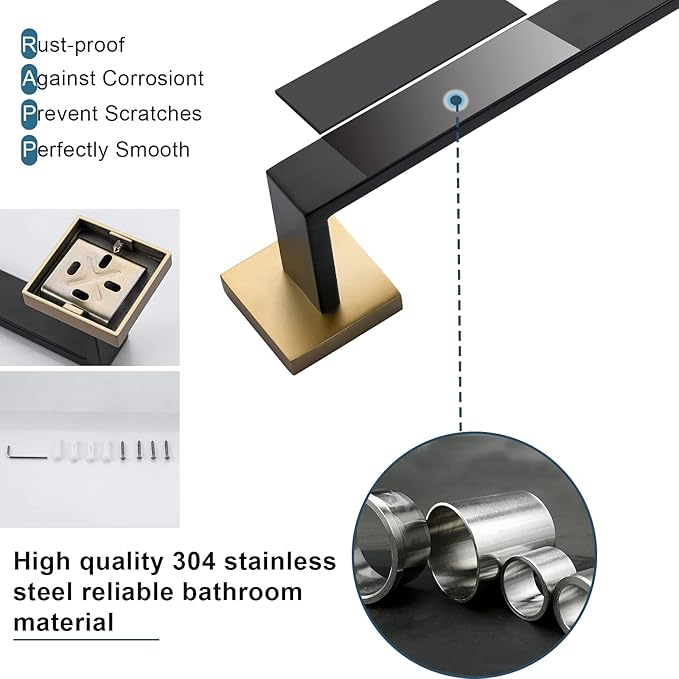 Bathroom Towel Bar Holder Sets Black and Gold 4-Piece Bathroom Hardware Set Stainless Steel Bath Accessories Kit. Wall Mounted,23.6 Inch
