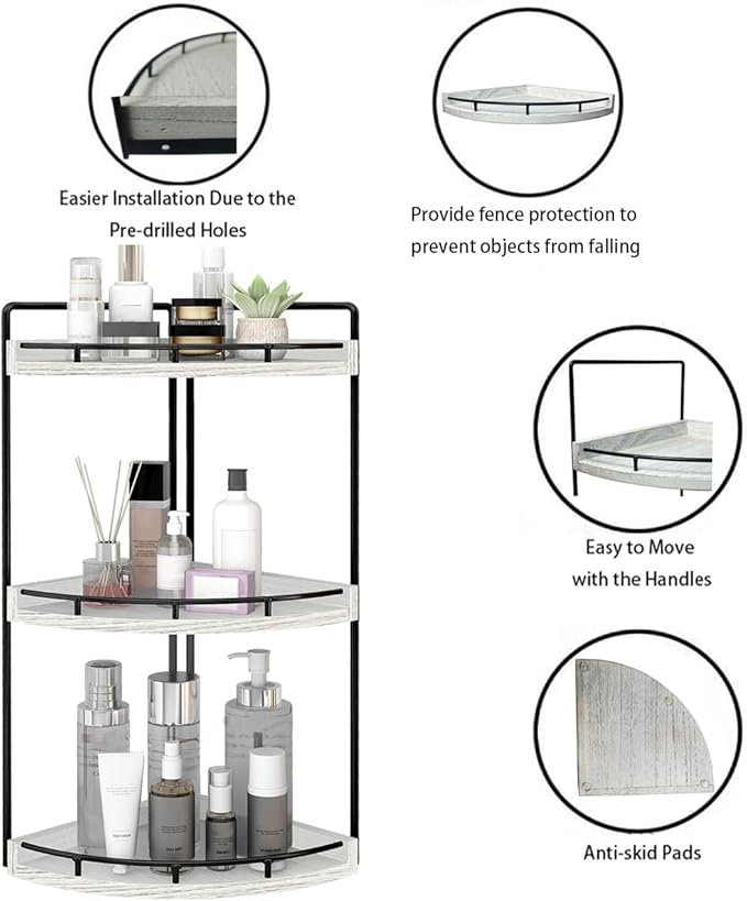 Dorhors 3-Tier Corner Bathroom Organizer Countertop for Storage,Vanity Tray,Wood Counter Organizer for Kitchen,Bathroom,Dresser (Rustic White)