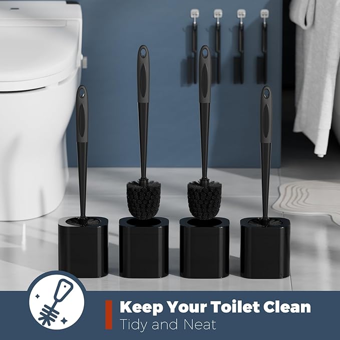 Toilet Brush, 4 Pack Toilet Brush and Holder Set Bathroom Accessories, Toilet Bowl Brush and Holder with 4 Crevice Brush for Bathroom, Toilet Scrubber Brush, Black