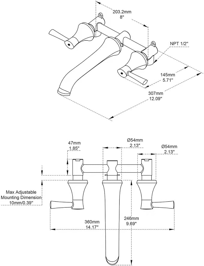 Wall Mount Tub Faucet, Roman Tub Filler Oil Rubbed Bronze Brass Bathtub Faucets, High Flow Tub Faucets, with 2 Handles