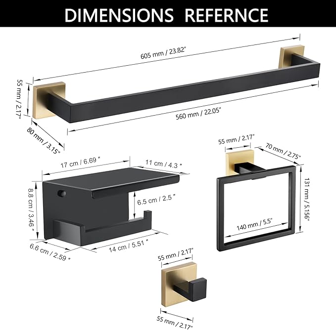 5 Pieces Bathroom Hardware Set Black and Gold Towel Bar Set, Toilet Paper Holder with Shelf, Towel Holder Set in Bathroom, Wall Mounted Stainless Steel, 23.6 Inches