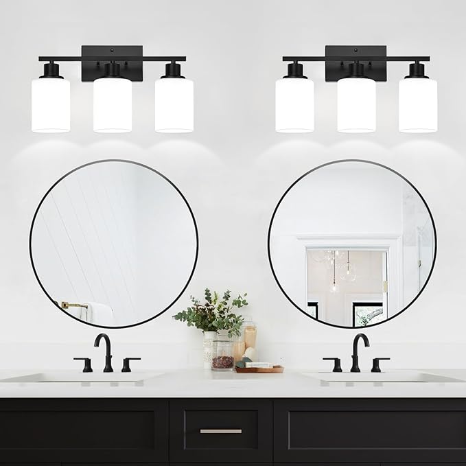 3-Light Bathroom Light Fixtures, Vanity Light with Milky White Shades, Matte Black Bathroom Light Fixtures Over Mirror, Modern Bathroom Wall Lamp for Mirror Living Room Cabinet Bedroom