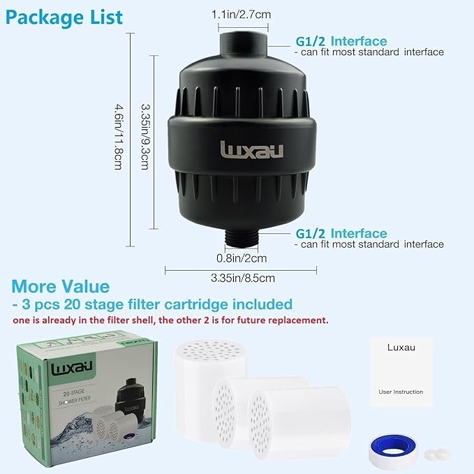 20 Stage Shower Filter with Spin Propeller 3 Cartridge, Reduce Well Hard Water Chlorine Heavy Metal & Impurity, Improve Skin Hair, Fit Most Handheld Shower head Fixed Rainfall, (Black)