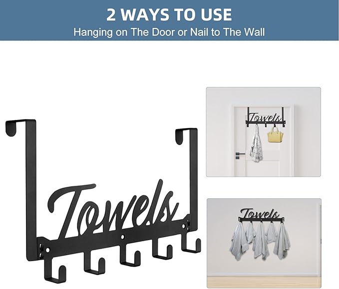 2 Pack Over The Door Hooks, Heavy Duty Over Door Towel Hanger with 10 Coat Hooks for Bedroom, Bathroom, Kitchen Towels, Bags, Hats