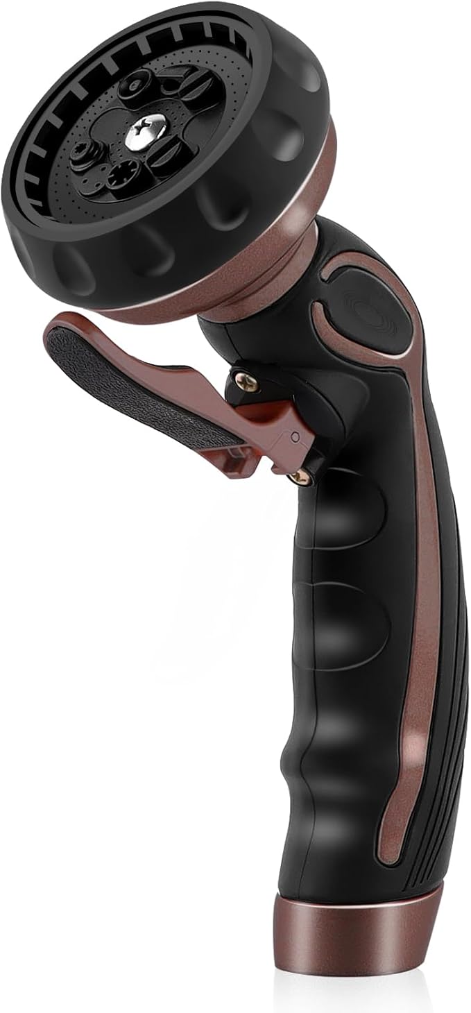 RESTMO Hose Nozzle with Easy Self-Lock Trigger, Heavy Duty Metal Water Hose Sprayer with 9 Spray Patterns and On/Off Valve, Ideal for Outdoor Lawn & Garden Watering, Car & Pet Washing, Brown