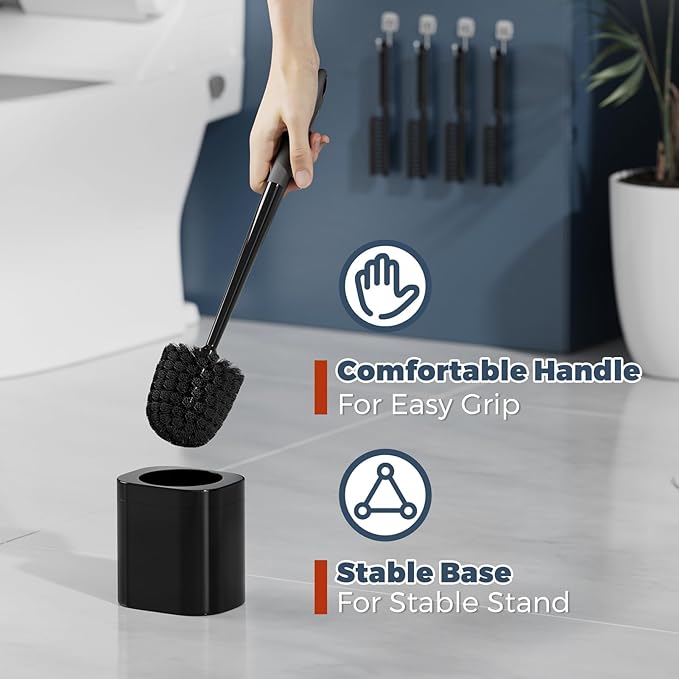 Toilet Brush, 4 Pack Toilet Brush and Holder Set Bathroom Accessories, Toilet Bowl Brush and Holder with 4 Crevice Brush for Bathroom, Toilet Scrubber Brush, Black