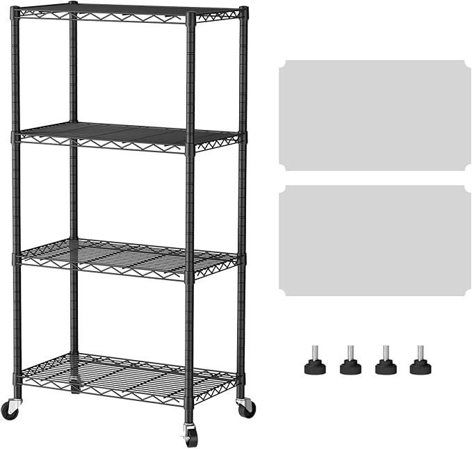 SINGAYE 4 Shelves Storage Shelf Wire Closet Bathroom Organizers Metal Pantry Kitchen Garage Shelving Unit Laundry Room Organization Home Rack Net Basket Black with Wheels