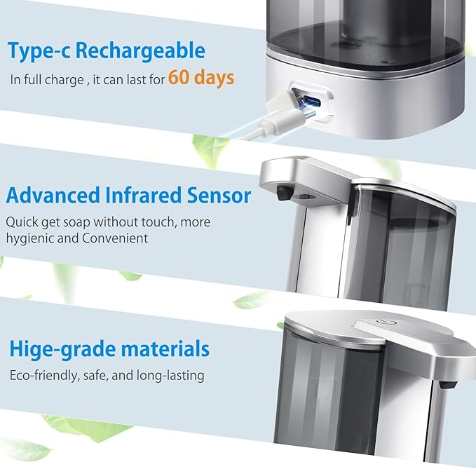 Automatic Liquid Soap Dispenser, Rechargeable, Touchless, 17oz/500ml with 4 Adjustable Soap Levels, Wall Mount & Waterproof, Liquid Hand/Dish Soap Dispenser for Bathroom Kitchen