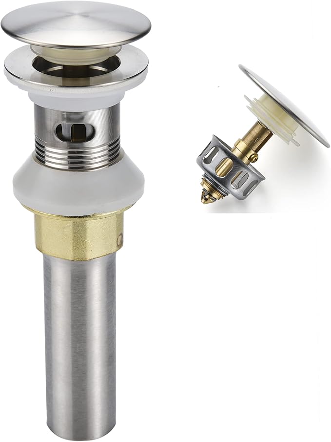 Bathroom Sink Drain,Drain Stopper Bathroom Sink with Overflow,Pop Up Drain Assembly with Detachable Strainer Basket,Built-in Anti-Clogging Strainer,Stainless Steel Brushed Nickel