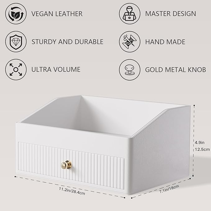 Makeup Organizer,Leather Skin Organizer with 1 Drawer&Tray,Luxury Beige White Makeup Storage for Perfume,Bedroom,Bathroom,Gifts for Women,Womens Gifts (White, 1-Drawer)