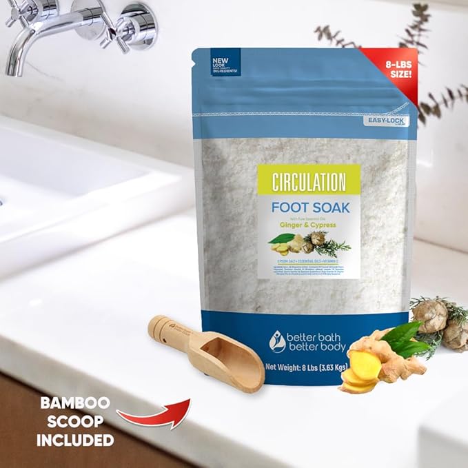 Circulation Foot Soak 128oz (8 Lbs) Epsom Salt Home Spa Soothing Soaks with Natural Ginger and Cypress Essential Oils Plus Vitamin C in BPA Free Pouch with Easy Press Lock Seal Made in USA