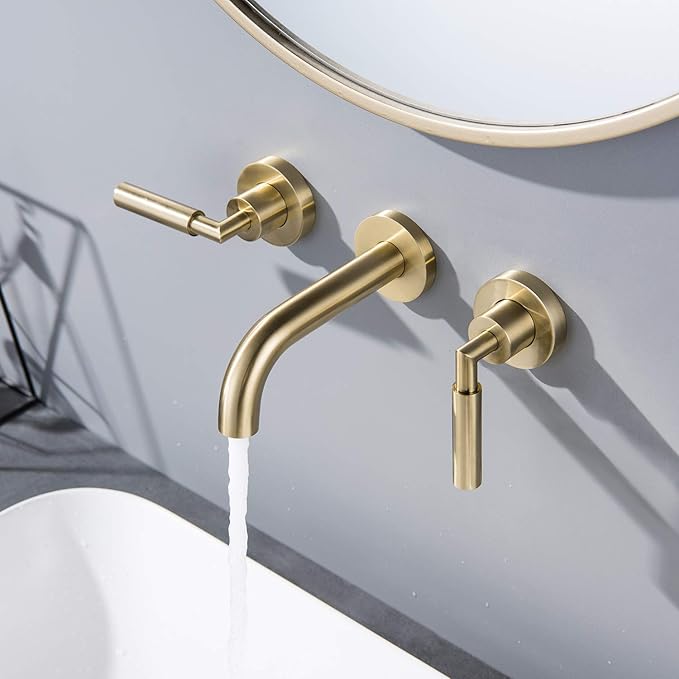 RBROHANT Brushed Gold Wall Mount Bathroom Faucet, Wall Mounted Sink Faucet, Dual Handle, Solid Brass, Rough-in Valve Included