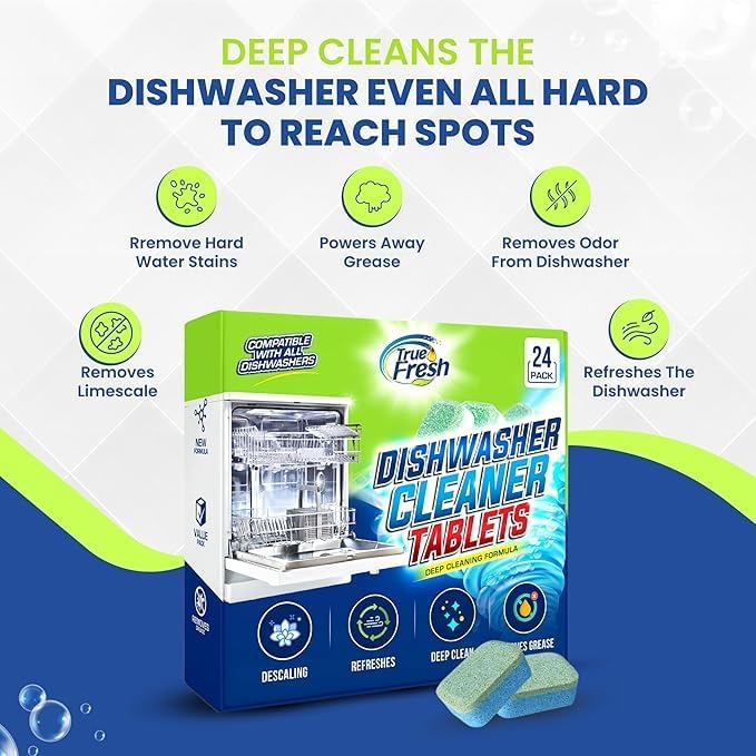 True Fresh Dishwasher Cleaner & Deodorizer Tablets 24-Pack – Deep Clean, Fresh, Sparkling Dishwasher Cleaning Tablets for Spray Arms, Filters & Drains – Removes Grease, Residue & Hard Water Buildup