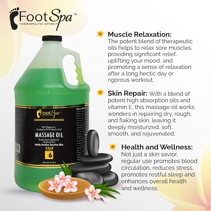 Foot SPA - Massage Oil, Eucalyptus Extract, 128 Oz - Professional Full Body Massage Therapy, Manicure, Pedicure - Relax Sore Muscles and Repair Dry Skin, Enhanced with High Absorption Oils, Vitamin E