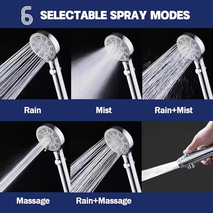 High Pressure Shower Head with ON/Off Pause Switch Button, 5 Mode Handheld Shower Head with Hose and Adjustable Bracket, Chrome, Easy to Wash Hair, Kid Bath, Pet Bath