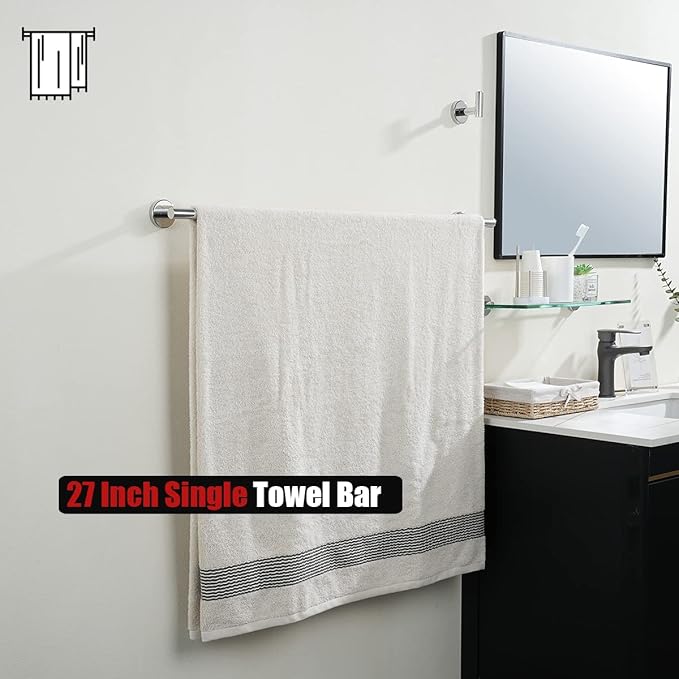 JQK Chrome Bath Towel Bar, 30 Inch 304 Stainless Steel Thicken 0.8mm Towel Rack Bathroom, Towel Holder Polished Finished Wall Mount, Useable Length 27 Inch, TB110L27-CH