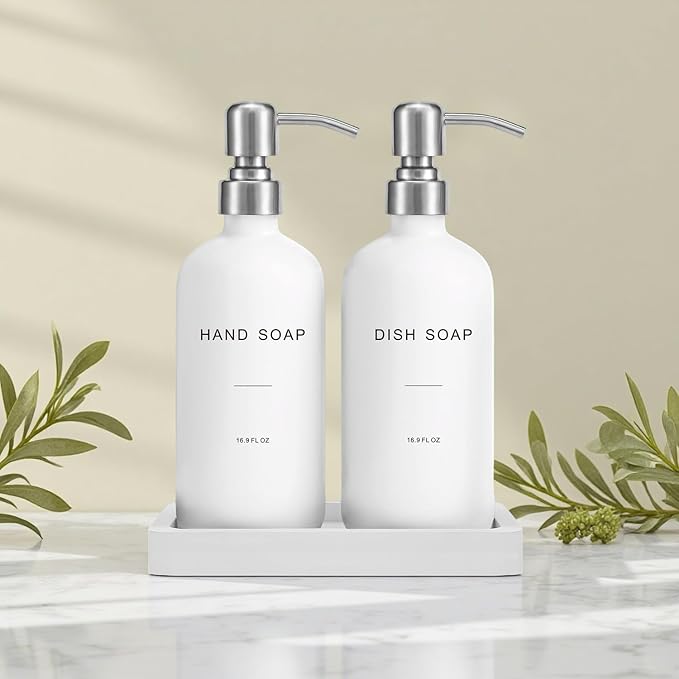 White Soap Dispenser for Kitchen Sink, Dish and Hand Soap Dispenser with Silver Stainless Steel Pump, Perfect for Kitchen Decor and Accessories. (Silver & White)
