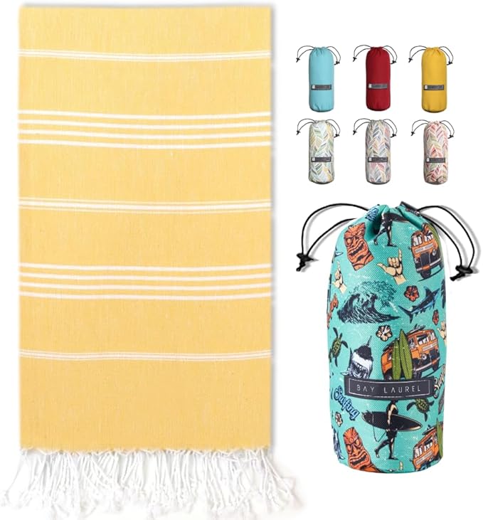 BAY LAUREL Turkish Beach Towel with Travel Bag 39 x 71 Quick Dry Sand Free Lightweight Large Oversized Towels Light