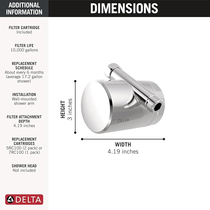 Delta Faucet Clarifi Standard Shower Filter Attachment with Filter, Shower Water Filter, Shower Head Filter, Chrome 7SF100