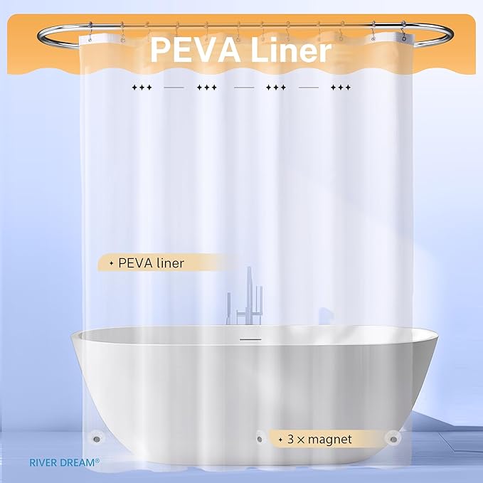 River Dream 3 in 1 Shower Curtain Set, Waffle Fabric Shower Curtain and Waterproof Clear Liner Set with Double Sided Metal Hooks, Navy Blue, 72" W*72" H