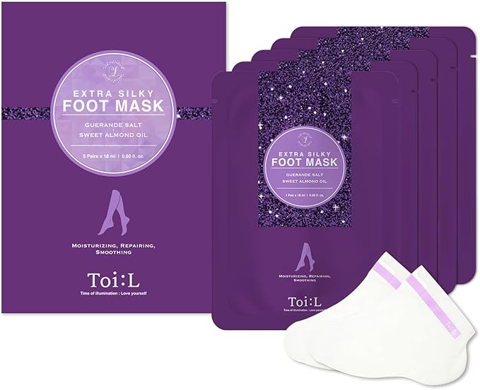 Toi:L Extra Silky Foot Mask 5 Pairs, Post-Peeling Foot Care Treatment, Moisturizing Socks with Guerande Salt & Sweet Almond Oil for Dry Feet, Cracked Heels, and Callus, Stocking Stuffer