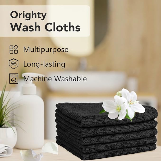 Orighty Wash Cloths Bulk Towels Set 200 Pack, Highly Absorbent and Soft Feel Microfiber Face Cloths, Multi-Purpose Washcloths & Hand Towels for Bathroom, Hotel, Spa, and Gym, 12x12 Inch, Black
